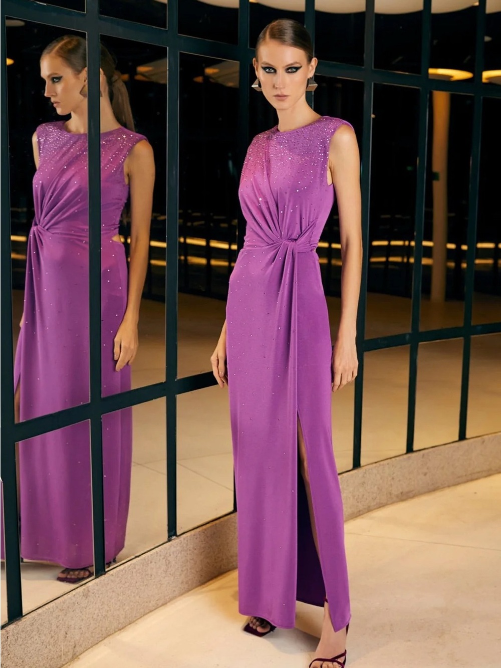 Elegant Purple Evening Gown with Side Slit, jersey drapped dress